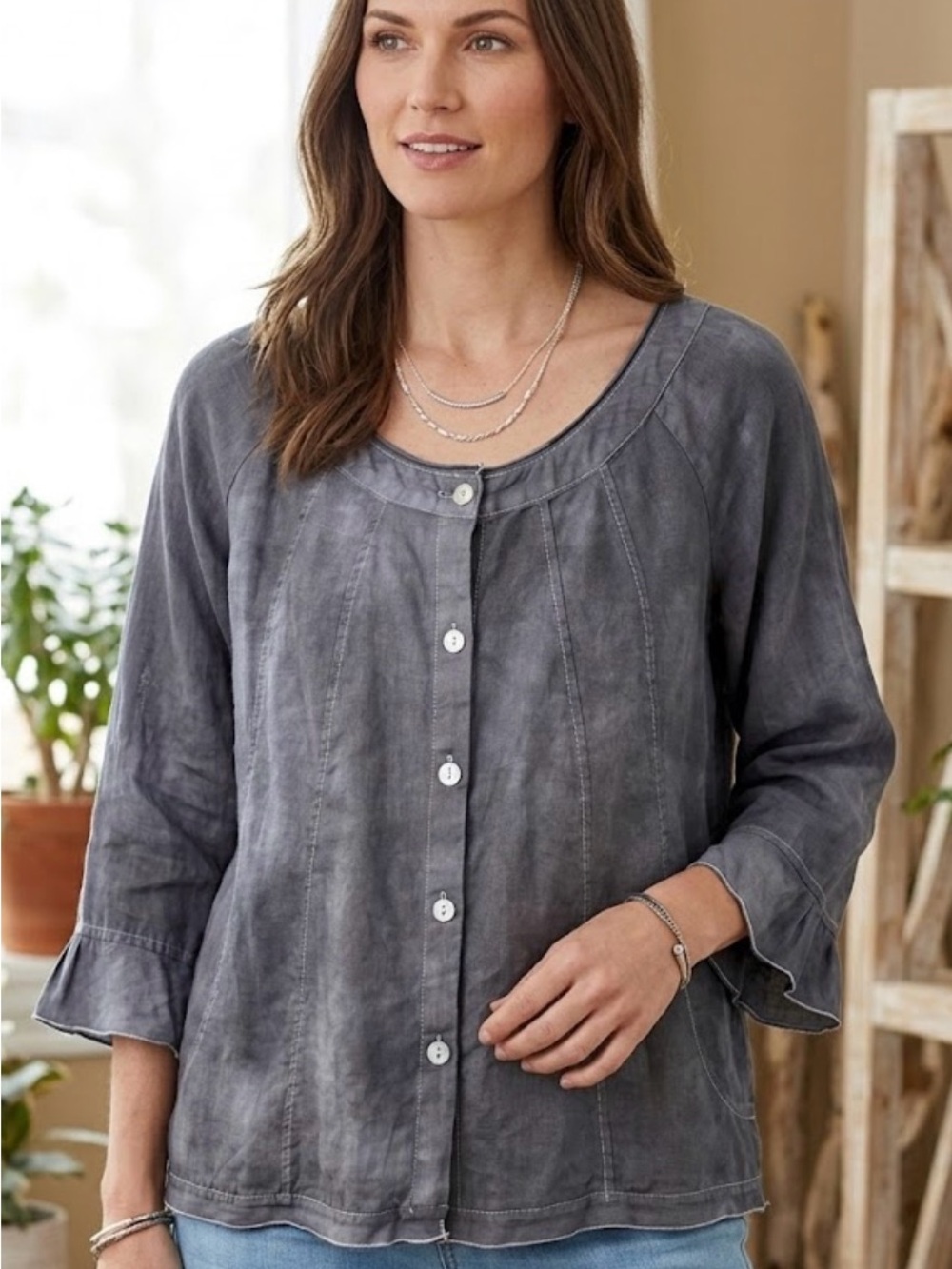 100% Linen Washed Tonal Gray Button-Front